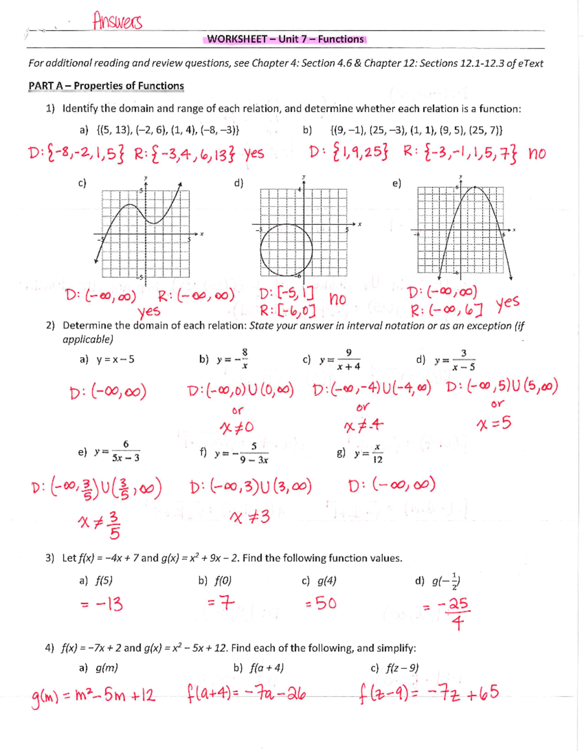 Answer KEY - Worksheet - Unit 7 - Answers WORKSHEET Unit 7 Functions ...