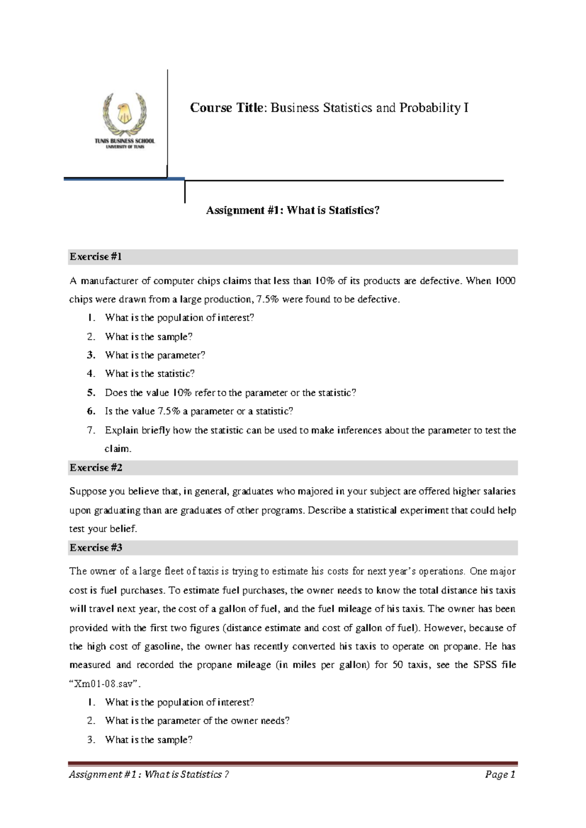 Business Statistics & Probability I: Assignment on Statistics Concepts ...