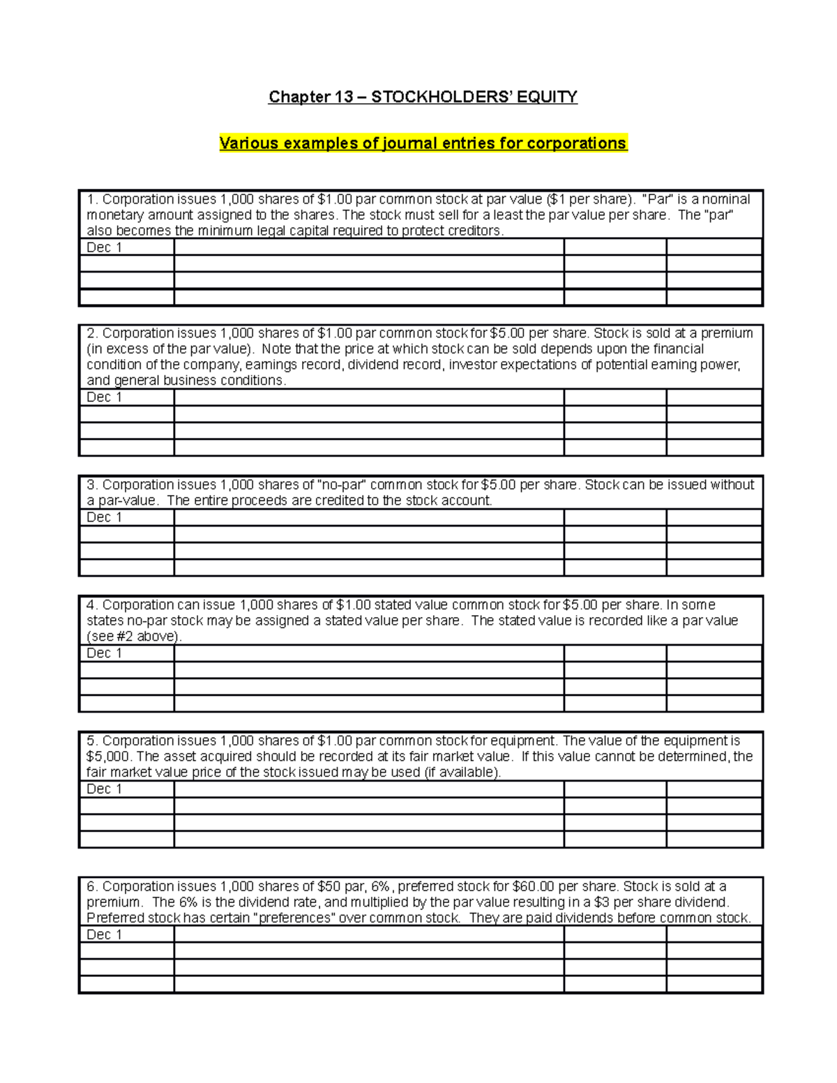 Chapter 13 - LO 2.Corporations - Various Journal Entries - Chapter 13 ...