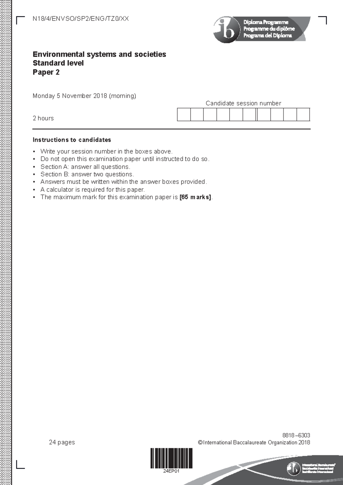 ESS 2 Paper 2 - Environmental Systems and Societies Exam Questions ...
