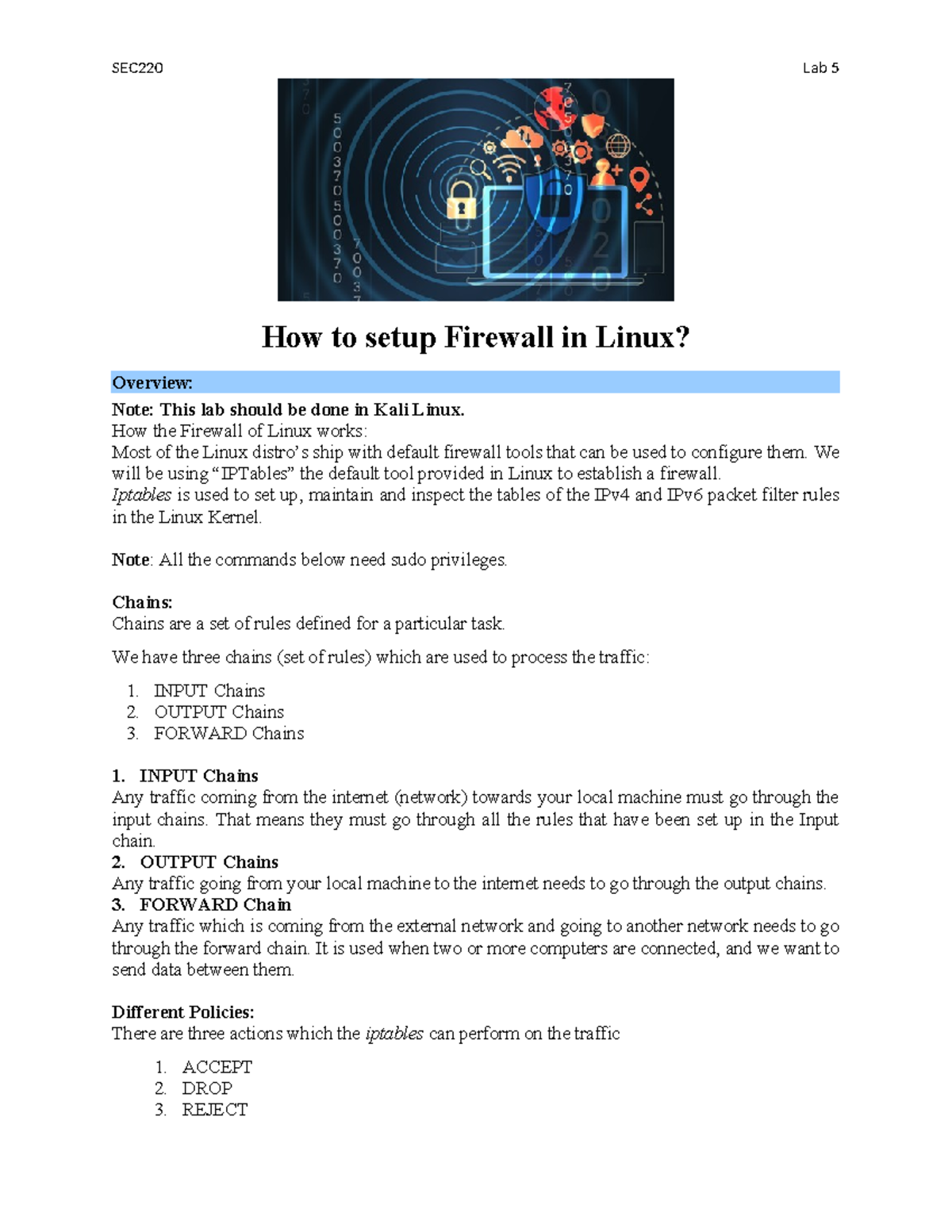 SEC220 Lab 5: Configuring Firewall with Iptables in Kali Linux - Studocu