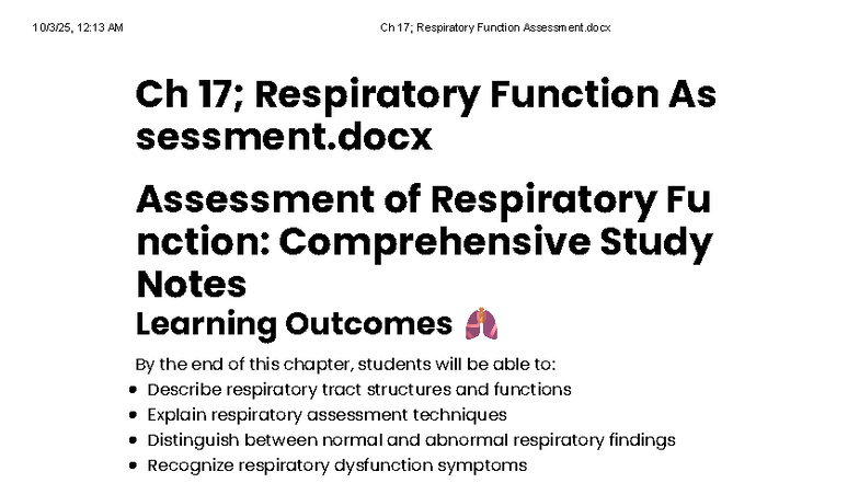 Ch 17: Comprehensive Respiratory Function Assessment Notes - Studocu