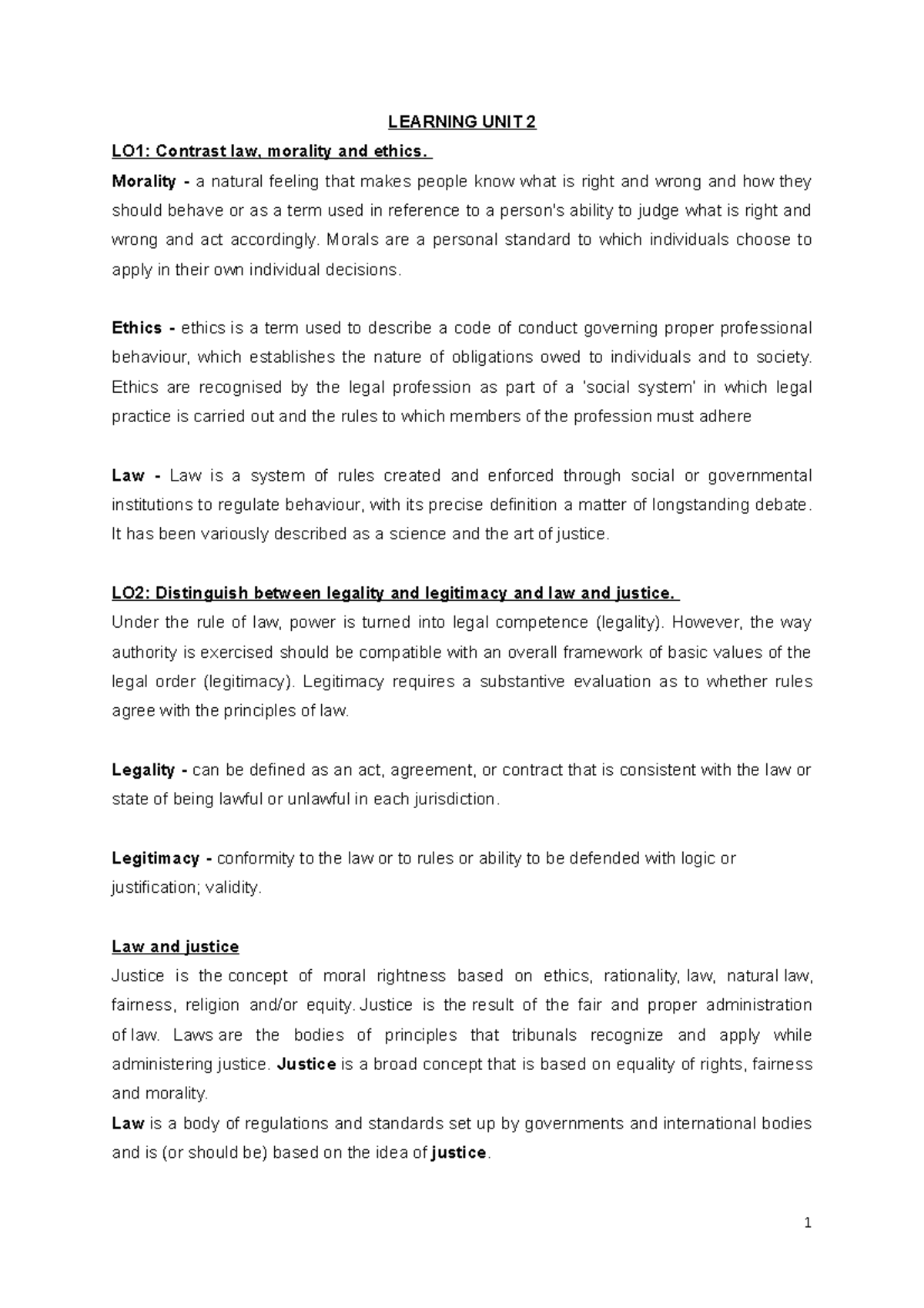 Learning UNIT 2 - Summary of Exam Notes on Law and Ethics - Studocu