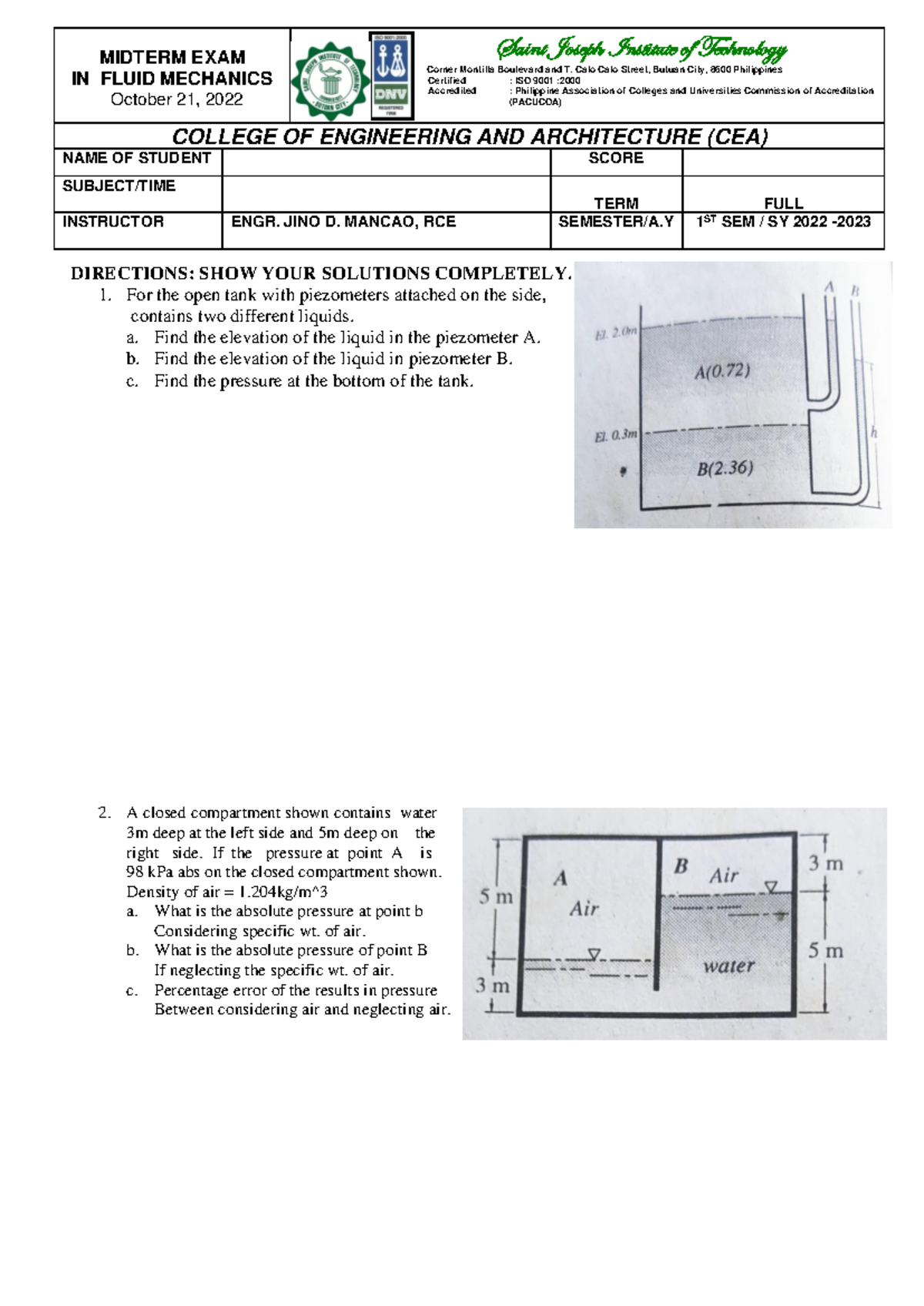ES6 - Fluid Mechanics Midterm Exam Review Notes 2022 - Studocu