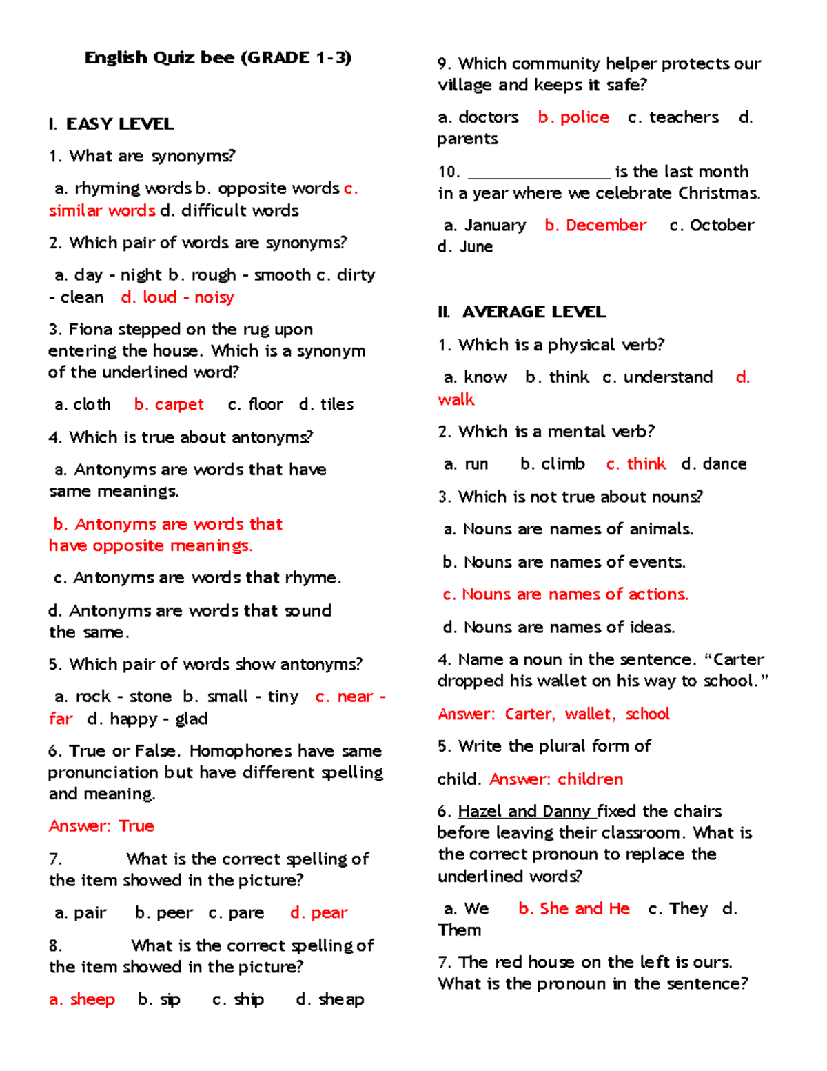 English Quiz Bee (GRADE 2) - Easy to Difficult Levels - Studocu