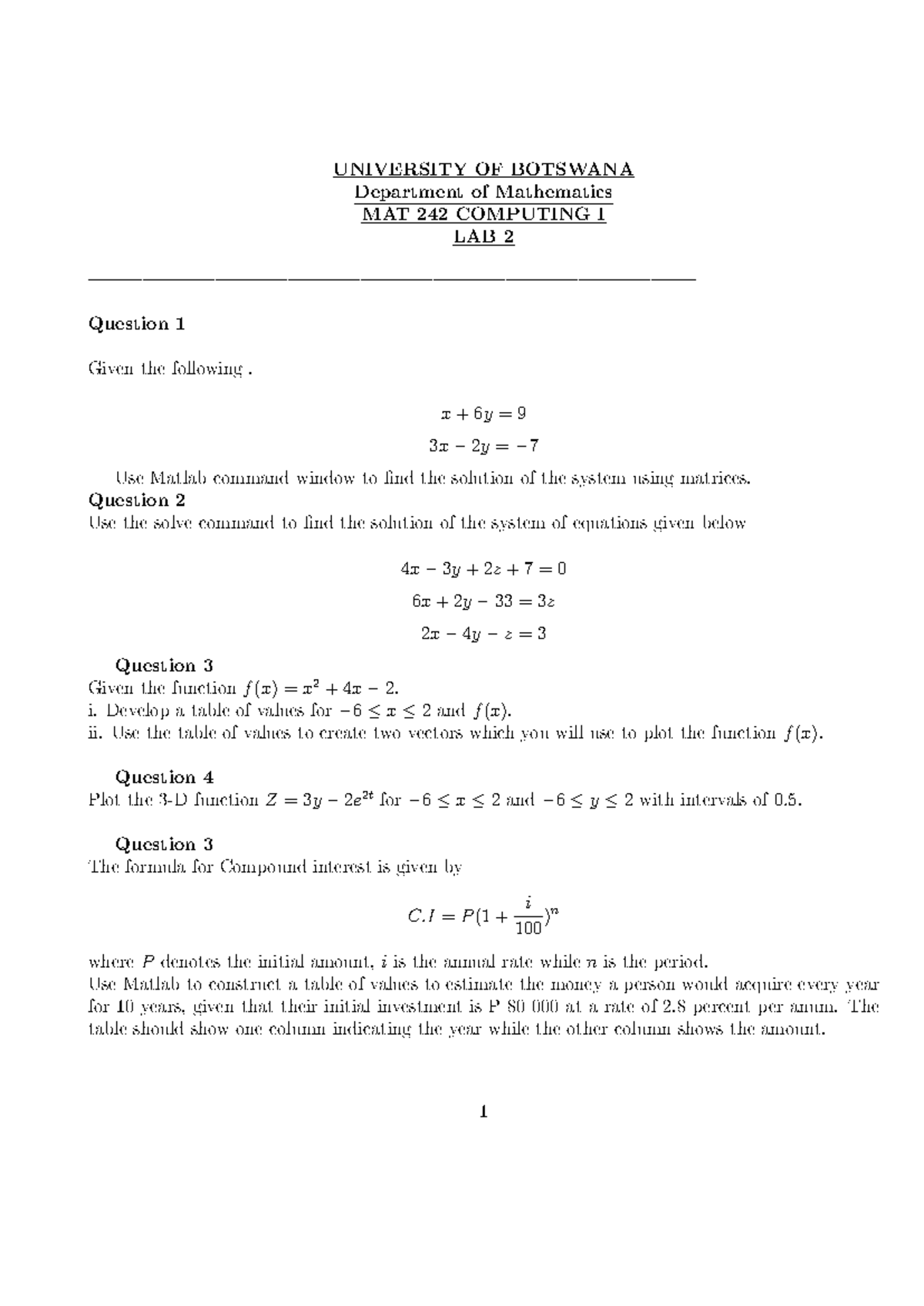 MAT242 LAB 2 - MATLAB Solutions for Systems of Equations and Graphs ...