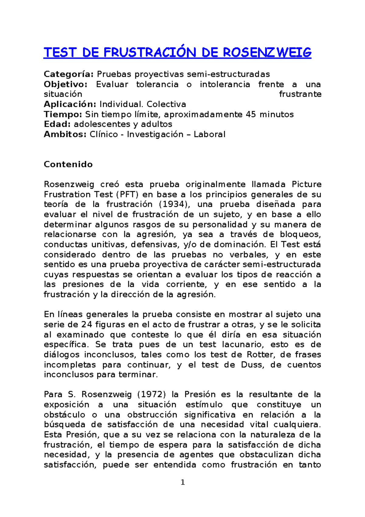 Manual del Test de Frustración de Rosenzweig (PFT) - Studocu
