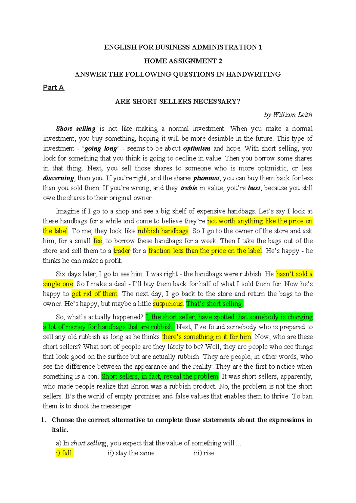 TACN 2 Home Assignment 2: Short Selling Explained - Studocu