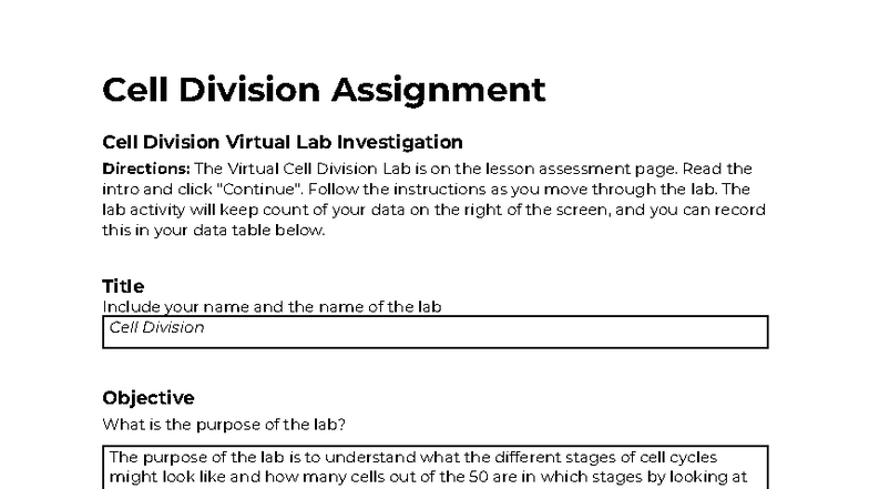 Cell Division Lab (BIO101): Virtual Lab on Cell Cycle Stages - Studocu