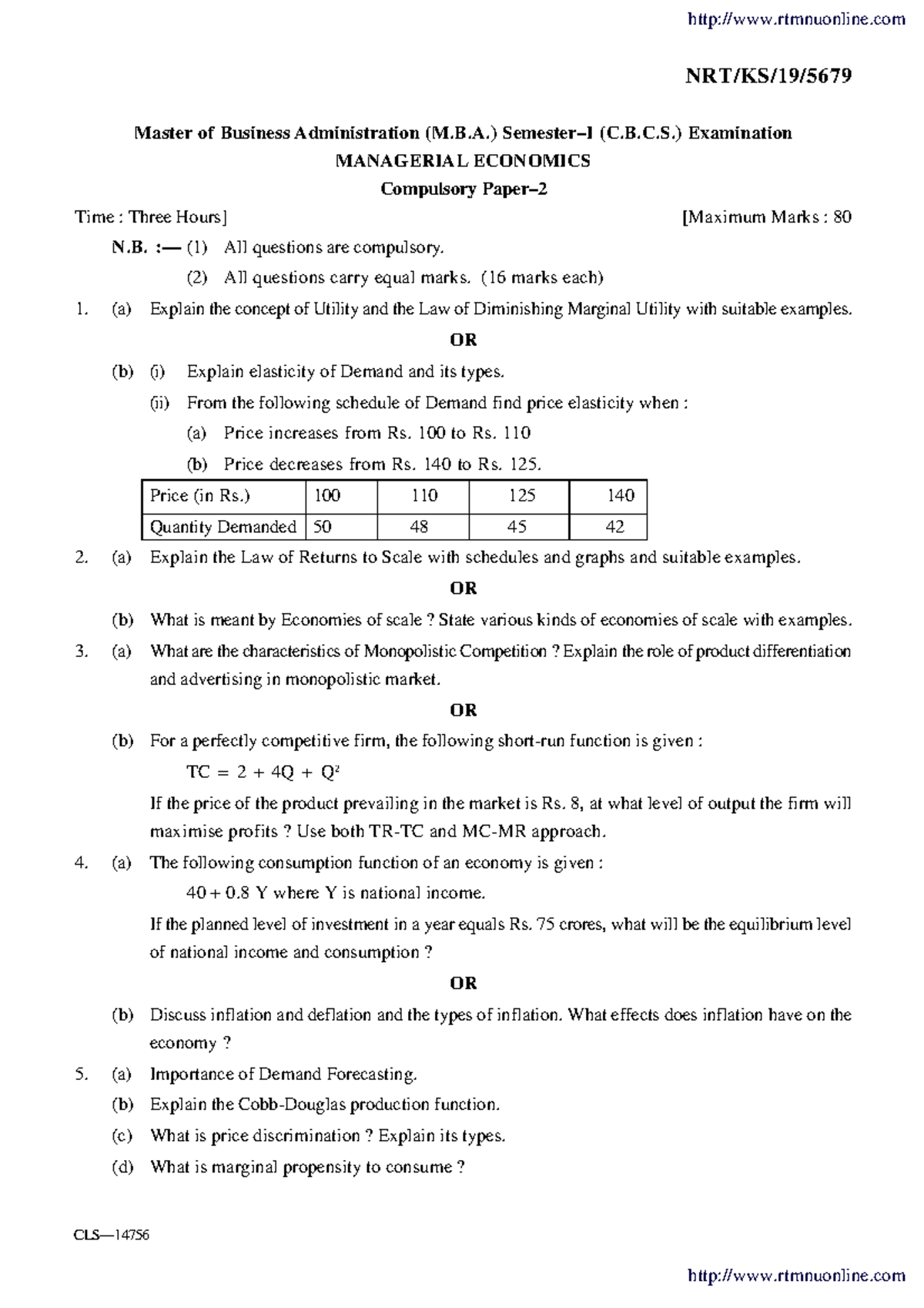 MBA 1 Sem Managerial Economics Exam Paper P2 5679 Summer 2019 - Studocu