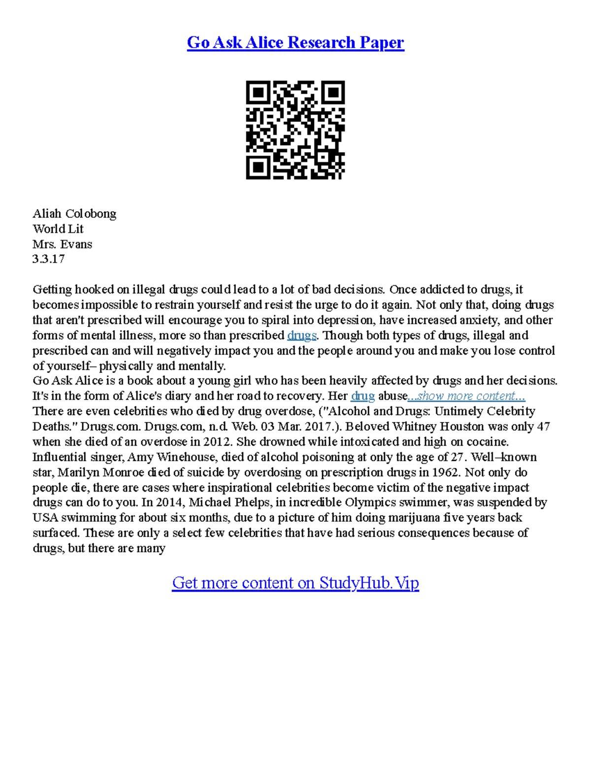 Go Ask Alice Essay Analysis and Insights (World Lit 3.3) - Studocu
