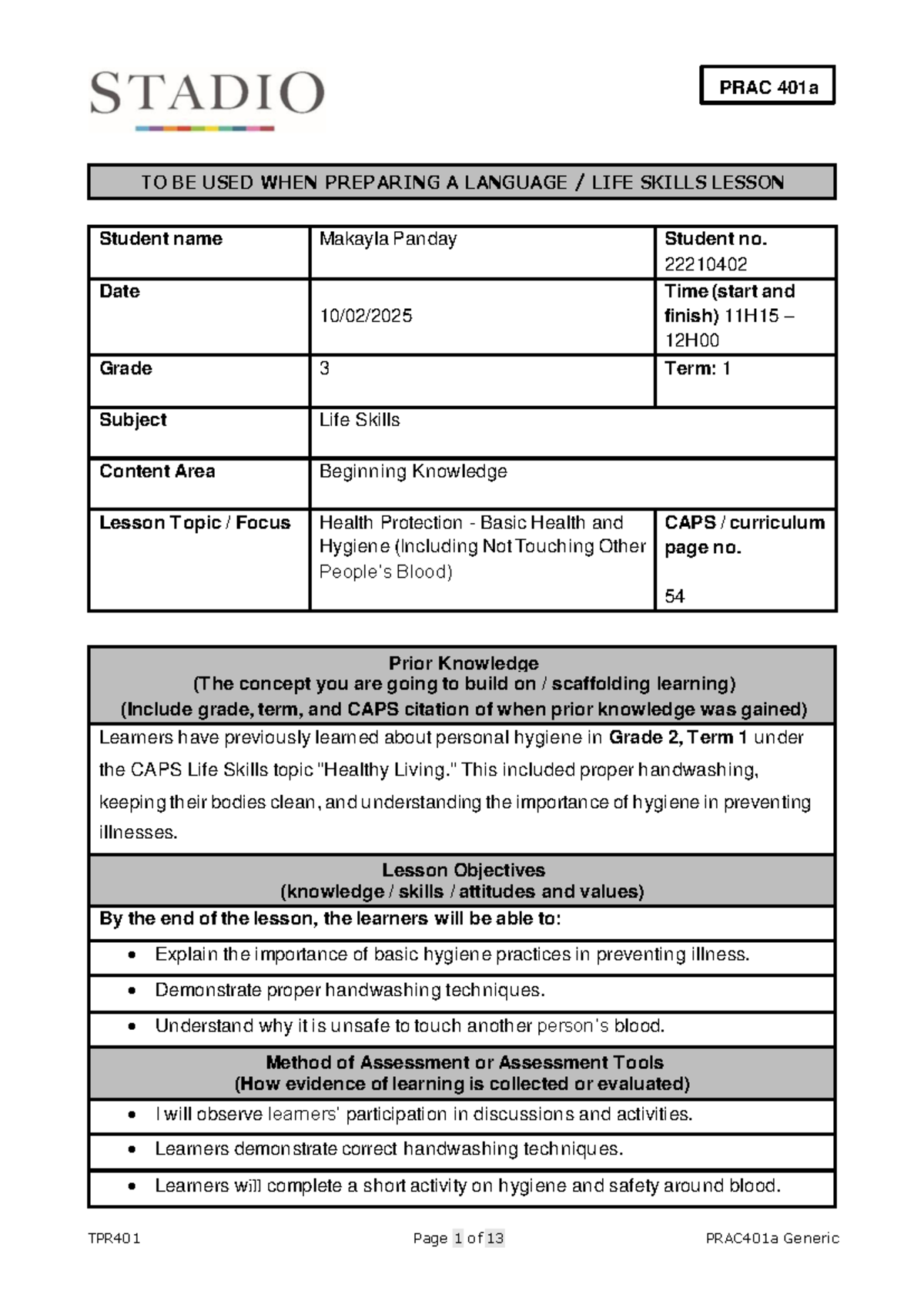 PRAC 401a Lesson Plan: Health Protection & Hygiene for Grade 3 - Studocu