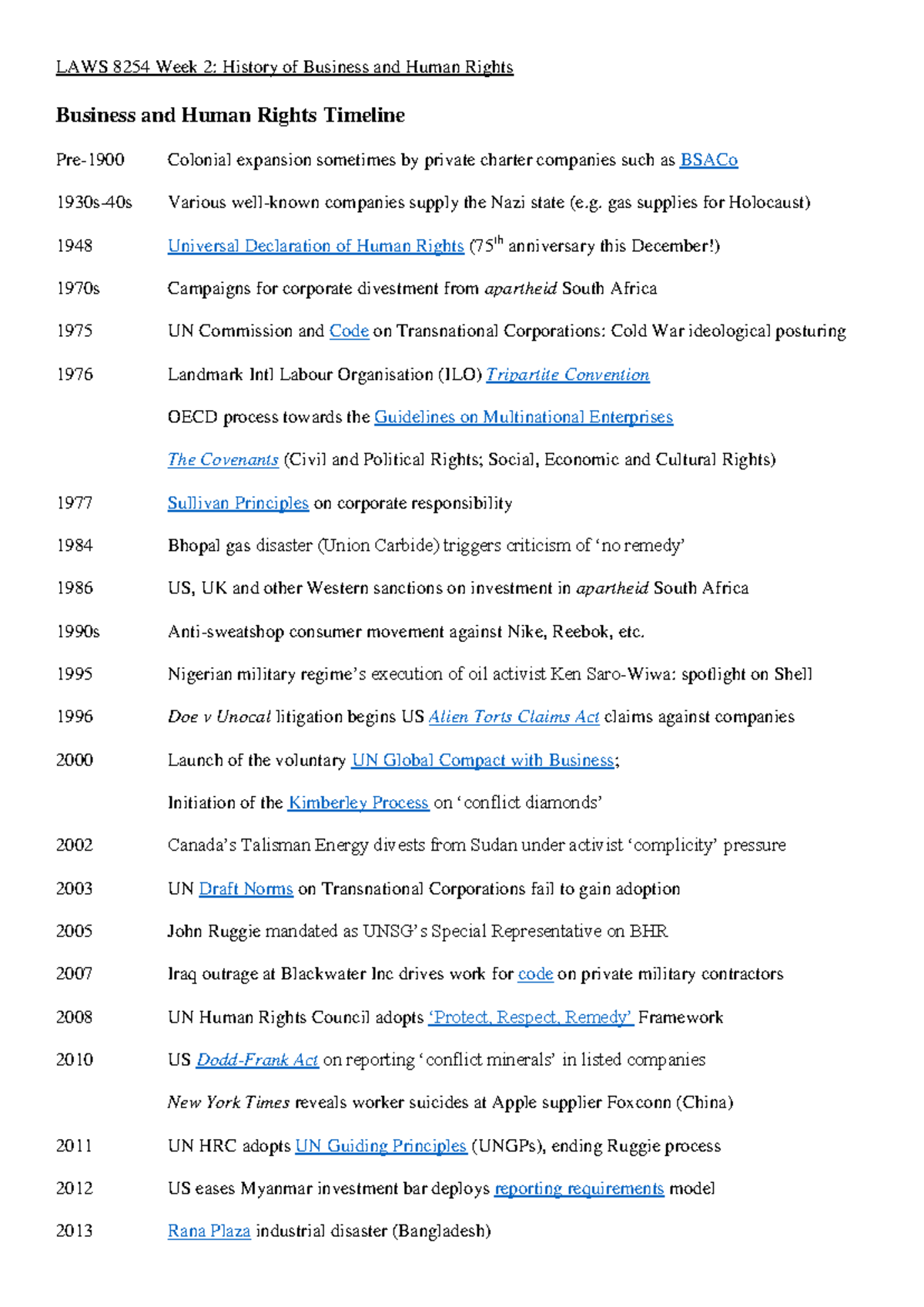 LAWS 8254 Week 2: Timeline of Business and Human Rights Events - Studocu