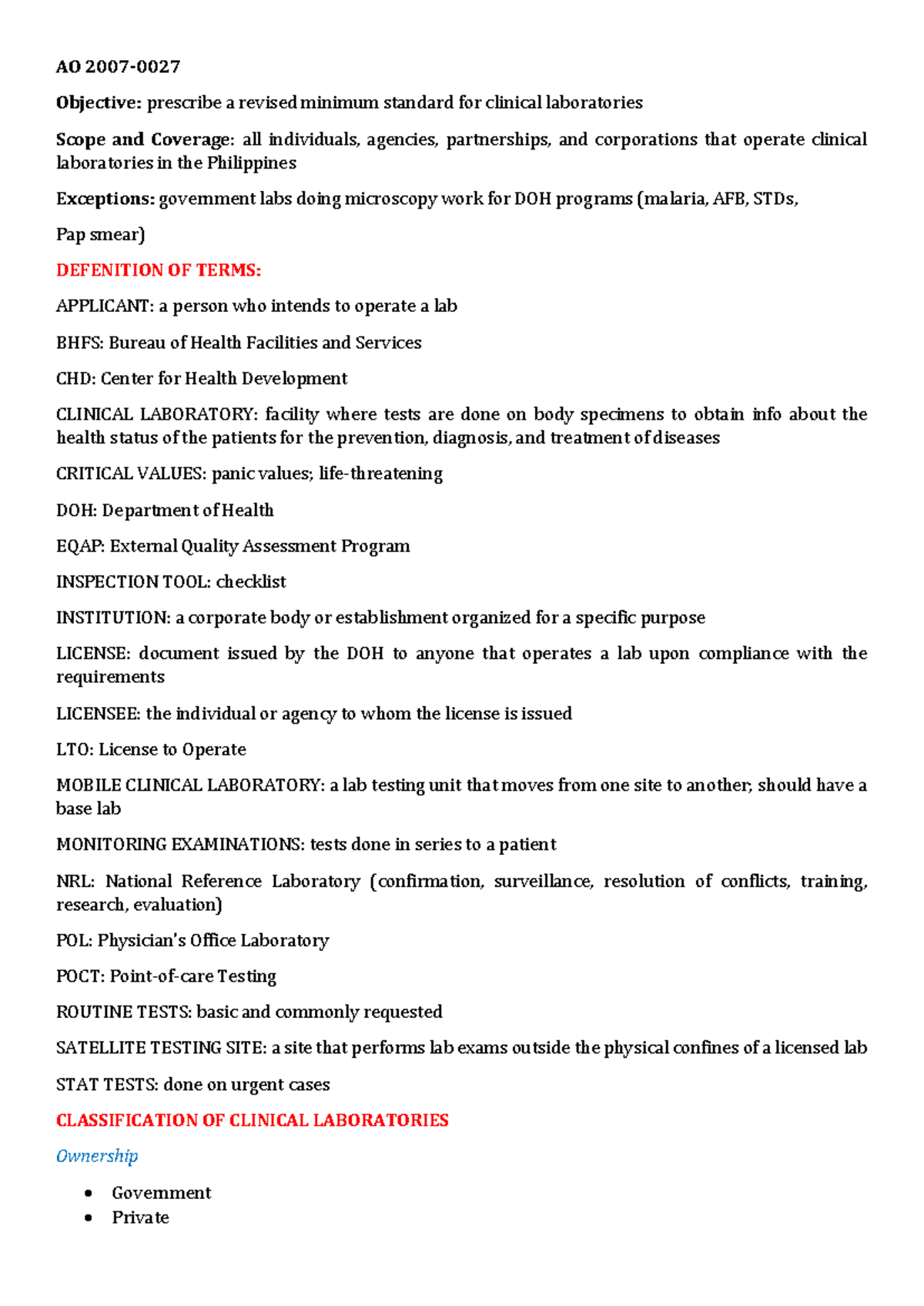 AO 2007-0027 Review: Summary of Revised Clinical Lab Standards - Studocu