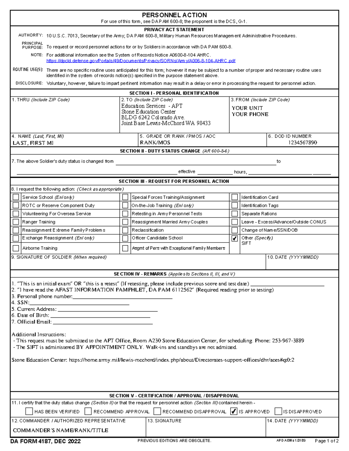 DA Form 4187 - Personnel Action Request for Training - Studocu