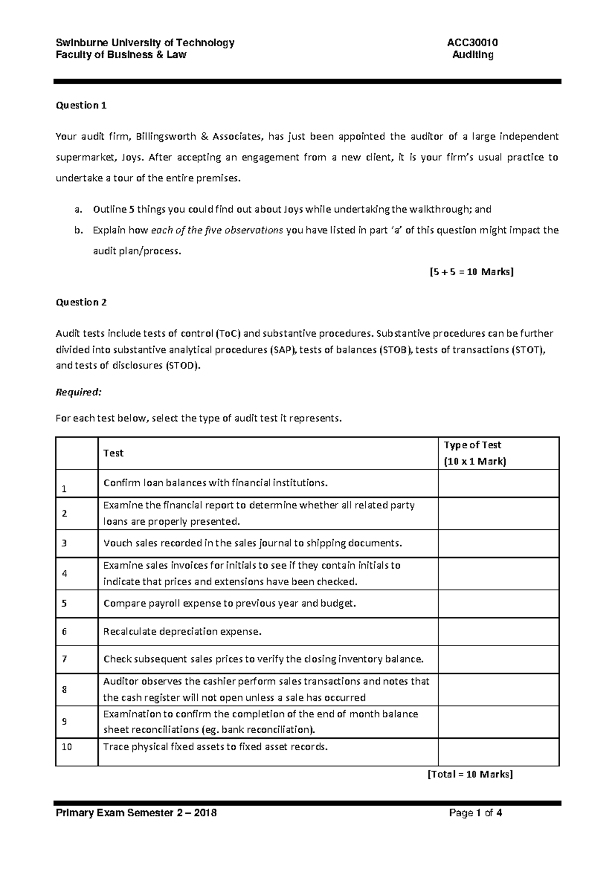 ACC30010 Auditing Sample Exam Questions and Answers - Studocu