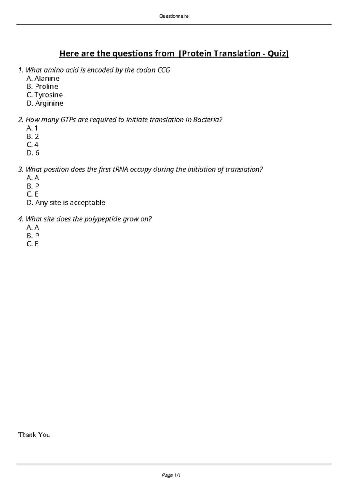 Protein Translation - Quiz - Questionnaire Here are the questions from ...