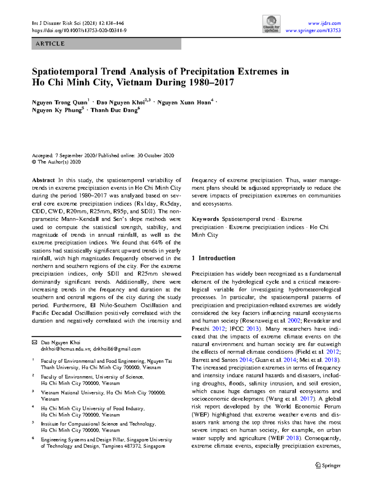 Spatiotemporal Trend Analysis of Precipitation Extremes in HCMC (2021 ...
