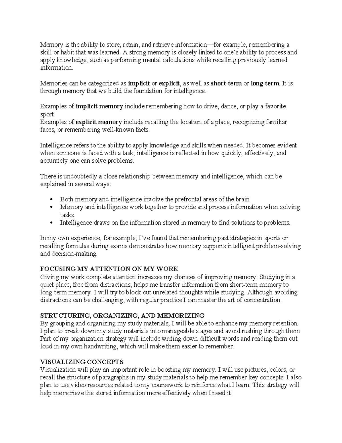 Learning Journal: Enhancing Memory and Intelligence Strategies - Studocu