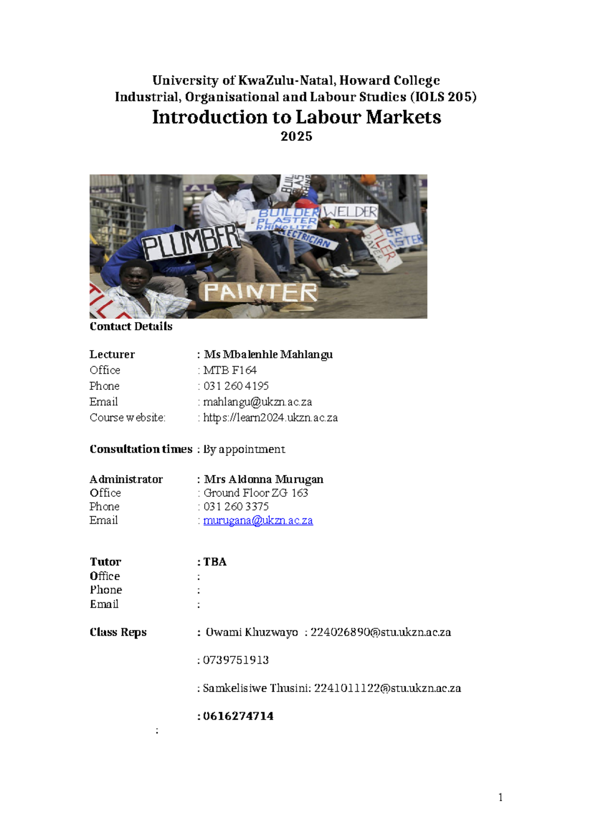 IOLS 205 course outline - University of KwaZulu-Natal, Howard College ...