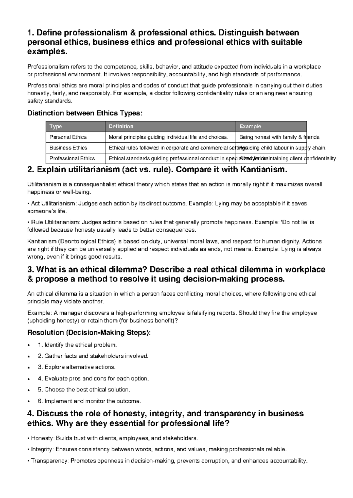 Professional Ethics (Course Code) - Detailed Notes on Ethics Types and ...