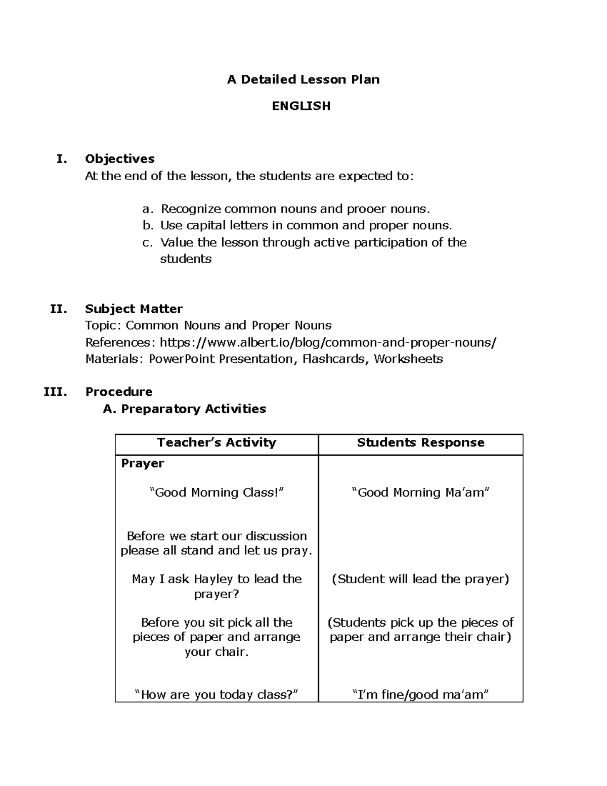 Detailed Lesson Plan on Common and Proper Nouns (ENGLISH) - Studocu