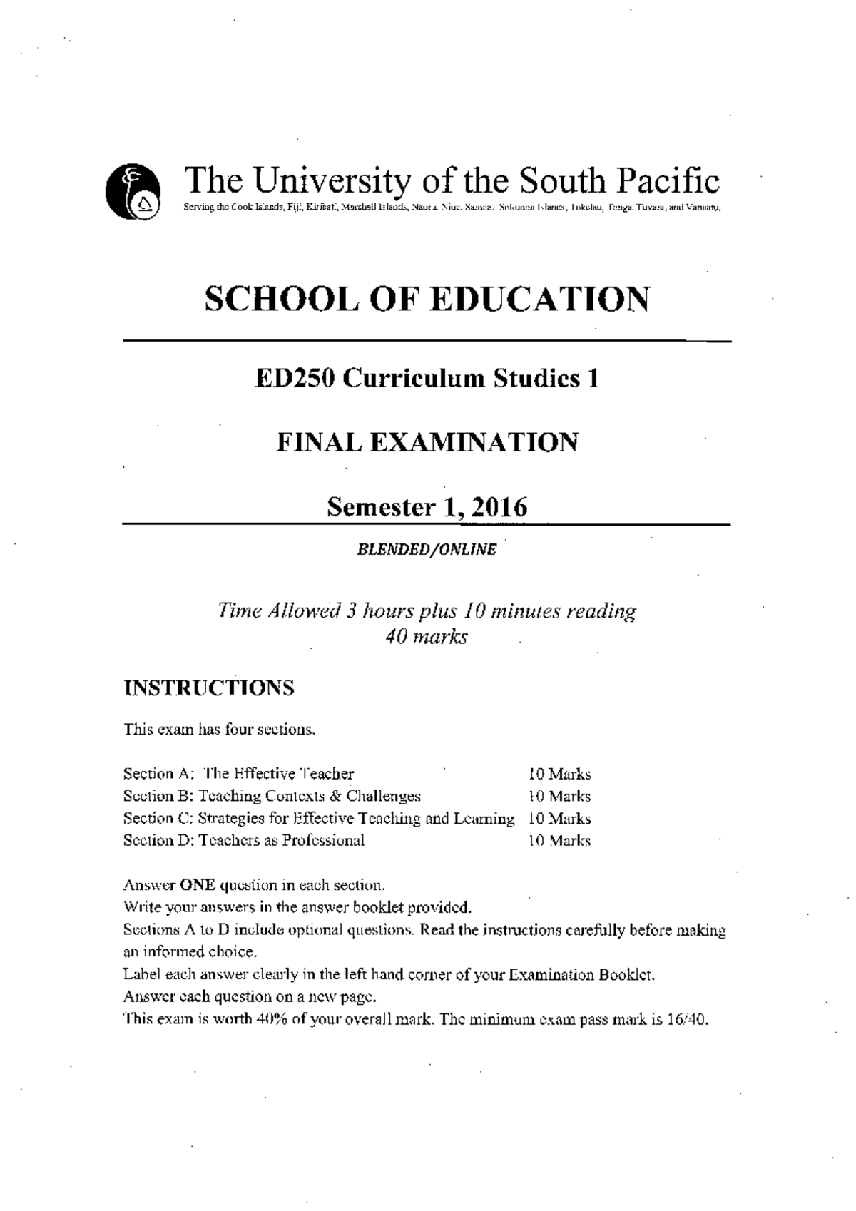 ED250 Curriculum Studies 1 Final Exam - Semester 1, 2016 - Studocu