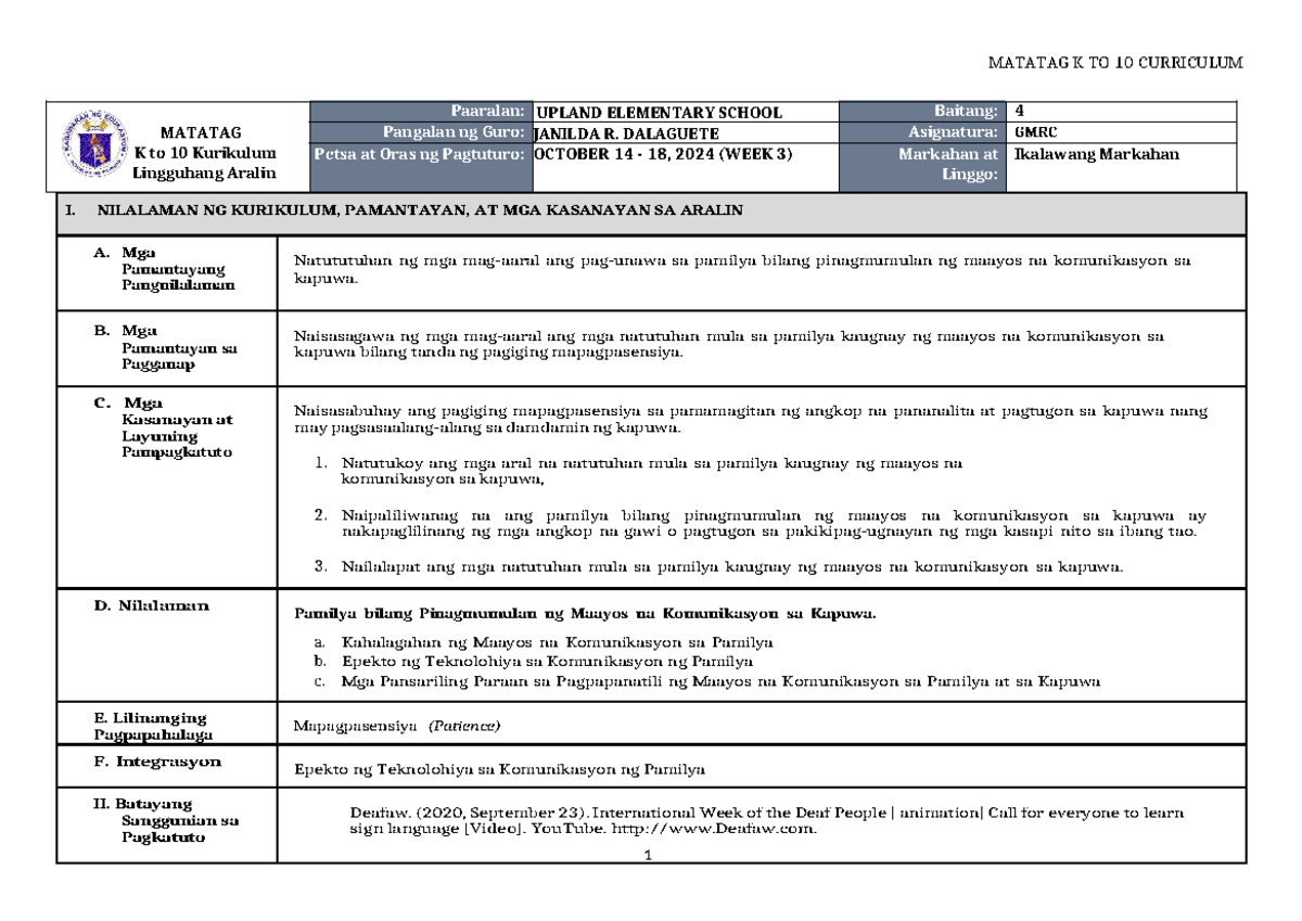 MATATAG K to 10 CURRICULUM: GMRC 4 Weekly Lesson Plan on Communication ...
