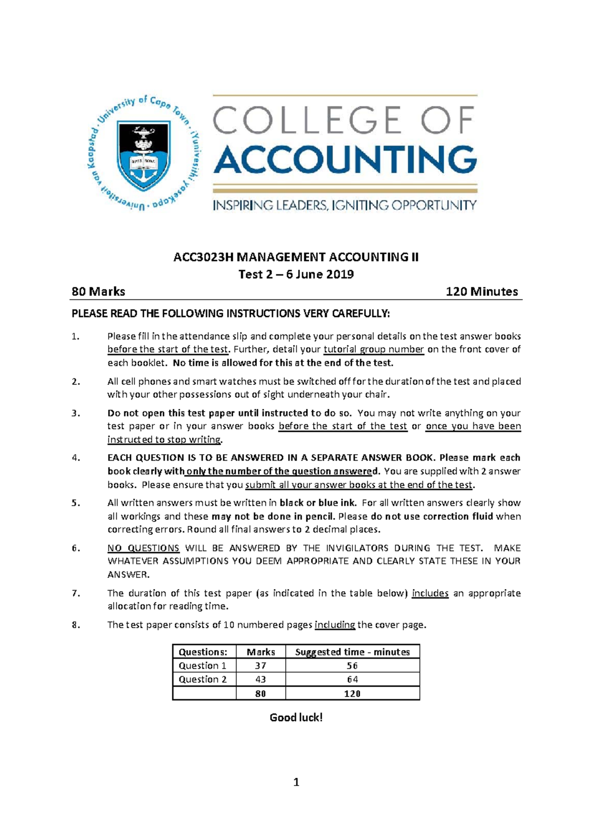 ACC3023H Management Accounting II Test 2 - Final Exam (June 2019) - Studocu