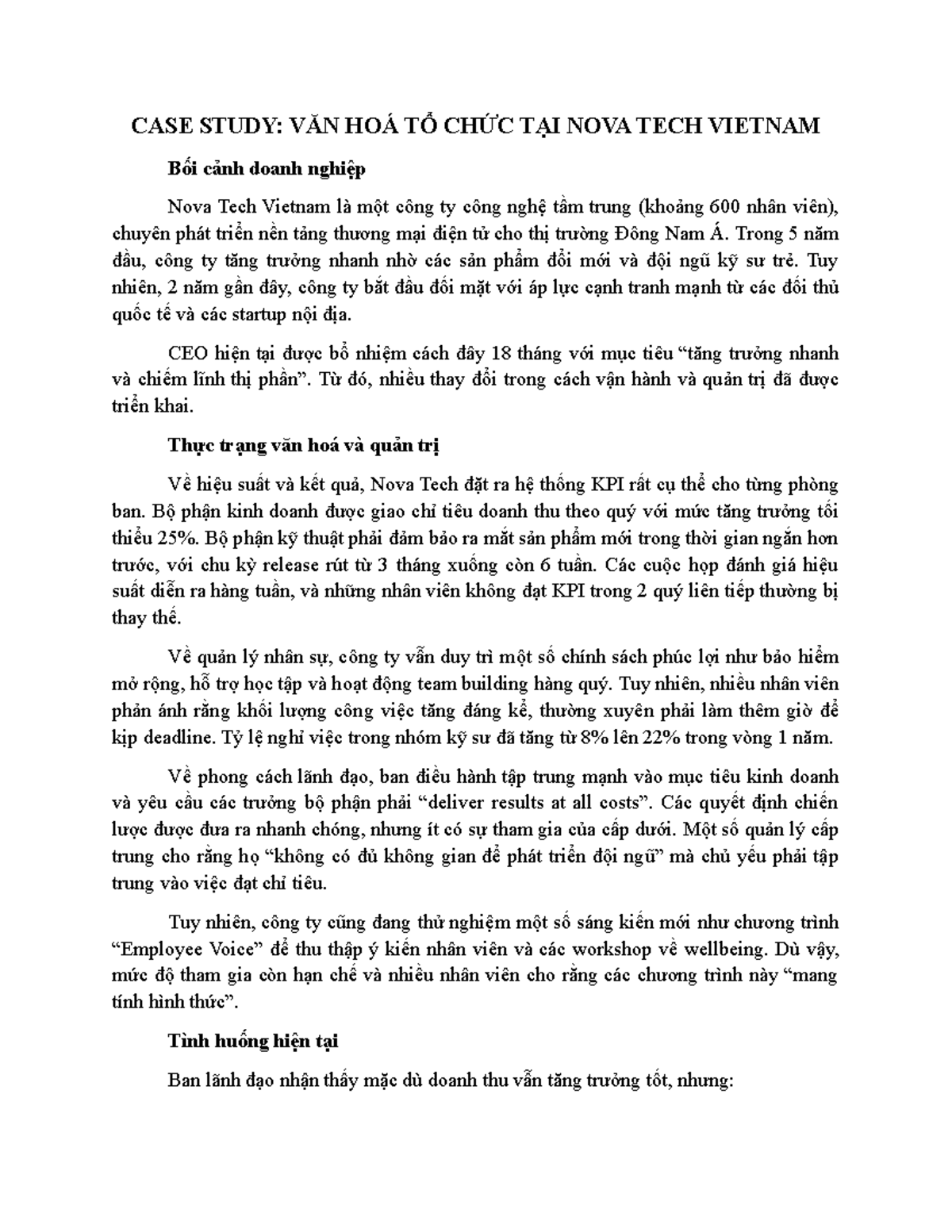 CASE STUDY: VĂN HOÁ TỔ CHỨC TẠI NOVA TECH VIETNAM - Studocu