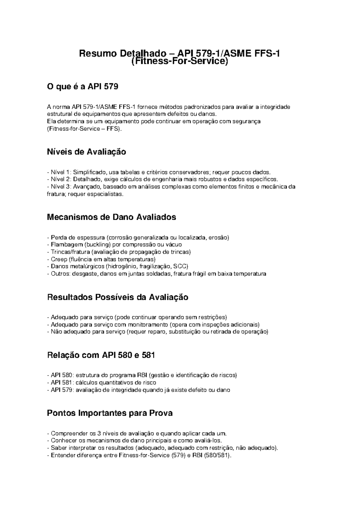 API 579: Resumo Detalhado sobre Avaliação de Integridade - Studocu