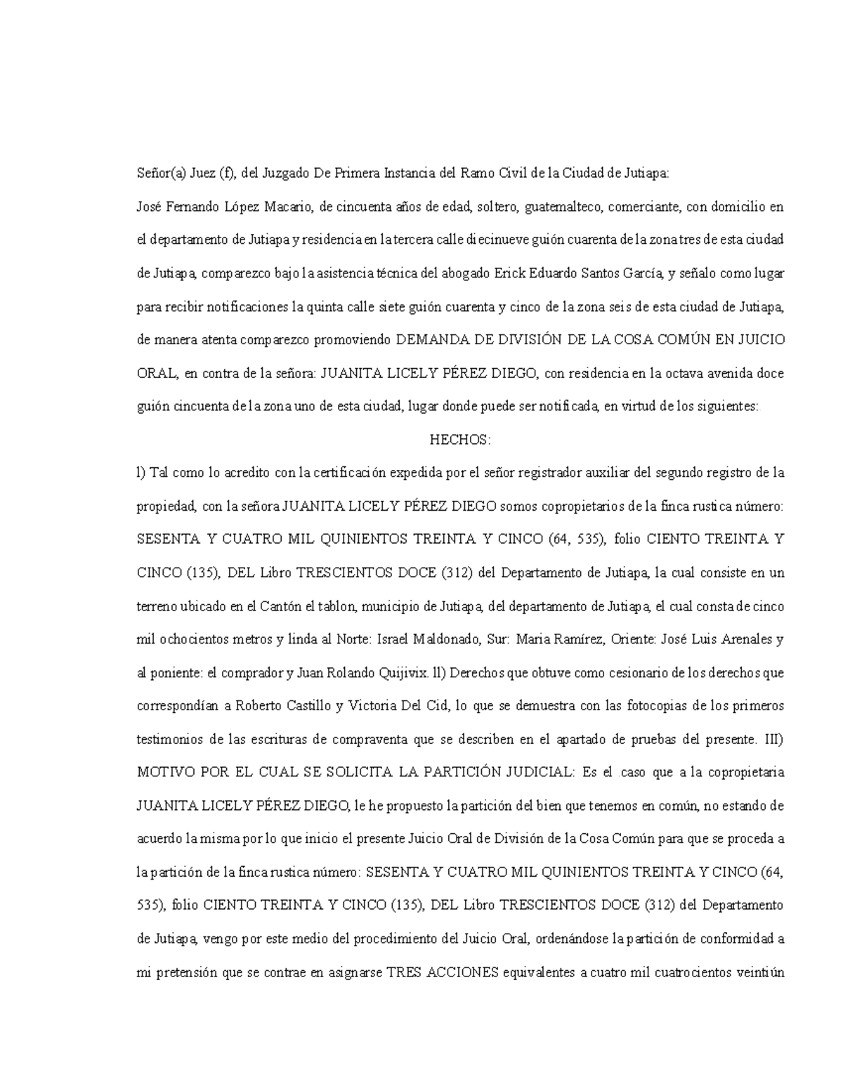 Memorial de Juicio Oral para Partición de Bien Común - AYALA - Studocu