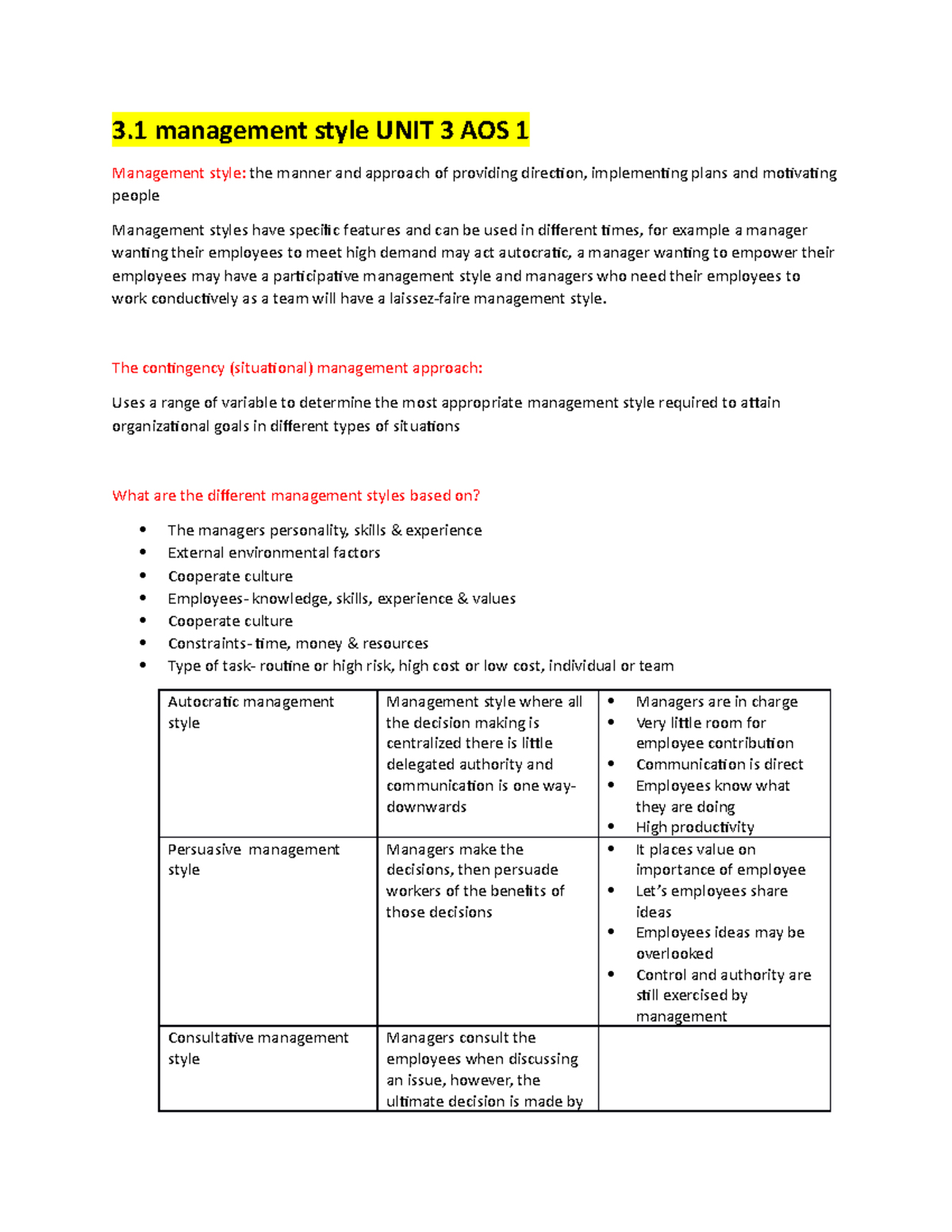 Unit 3 AOS 1 Management Styles: Revision & SAC Study Notes - Studocu