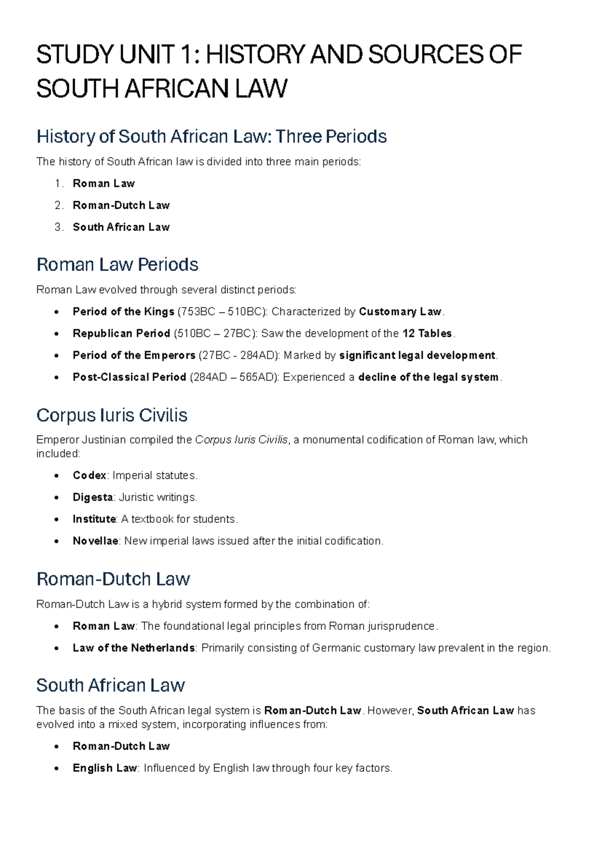 Study Unit 1: History and Sources of South African Law (Notes) - Studocu