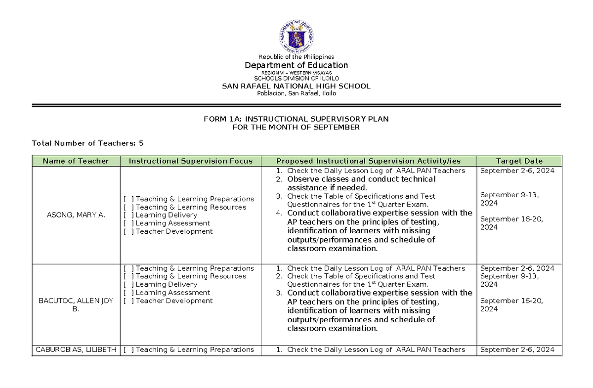 Form 1A: Instructional Supervisory Plan for Sept 2024 - Araling ...