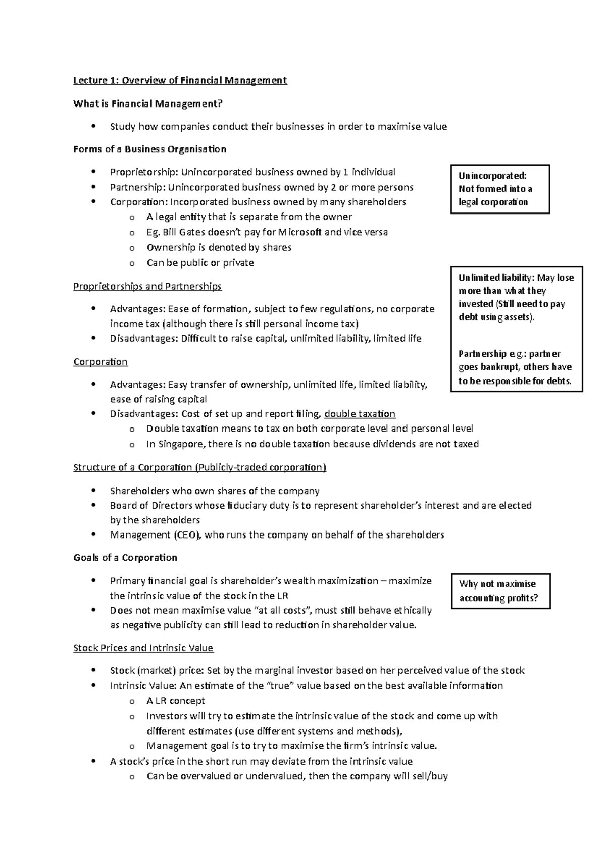 Lecture 1: Financial Management Overview for Course FIN 101 - Studocu