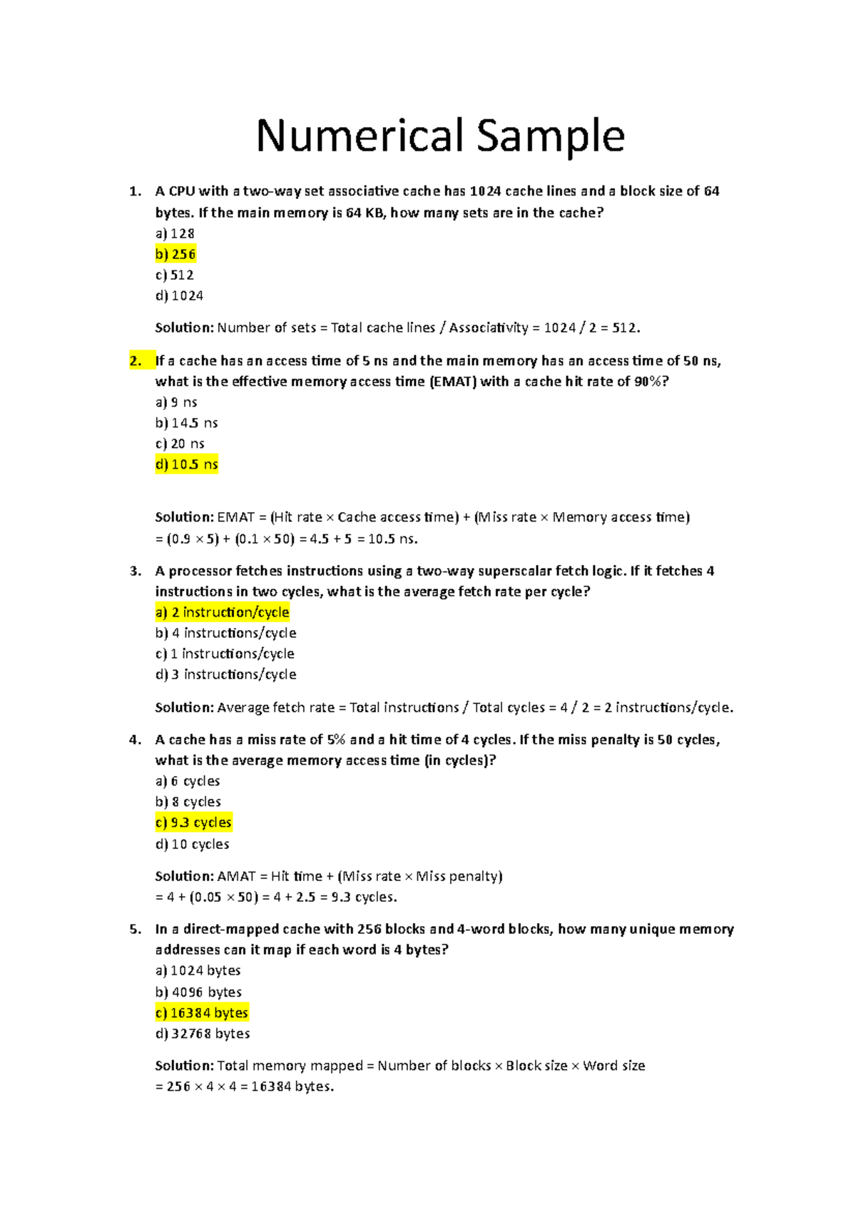 Numerical Sample Exercises for Cache Memory Analysis - Studocu