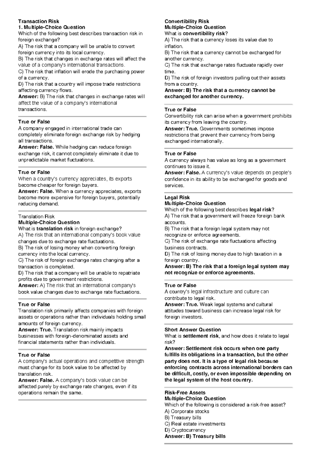 Review Questions on Transaction Risk and Foreign Exchange (FIN 101 ...