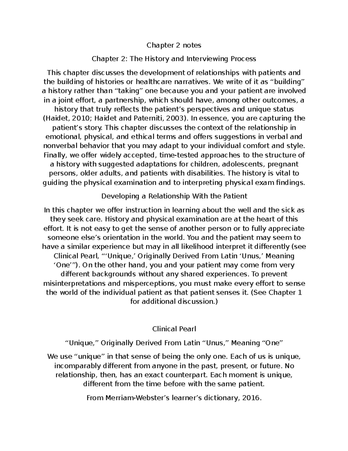 Chapter 2 Notes: History and Interviewing Process in Patient Care - Studocu