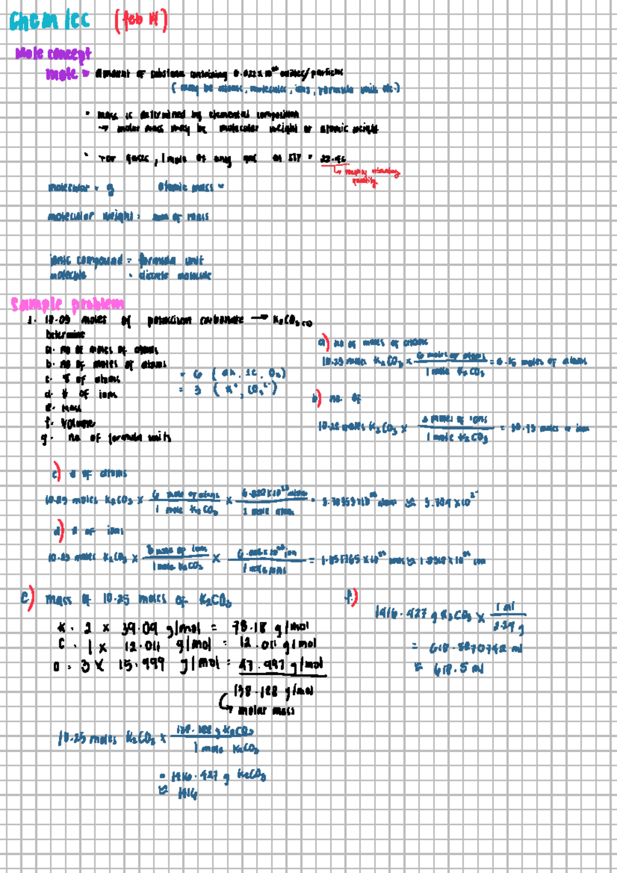 Chem 101 Lecture notes on mole concept and calculations - Studocu