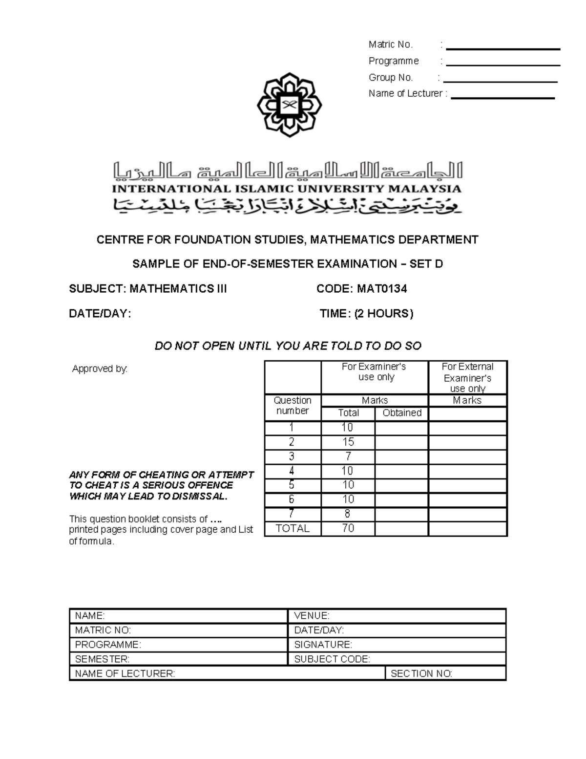 MAT0134 Mathematics Sample Exam Questions and Solutions - Studocu