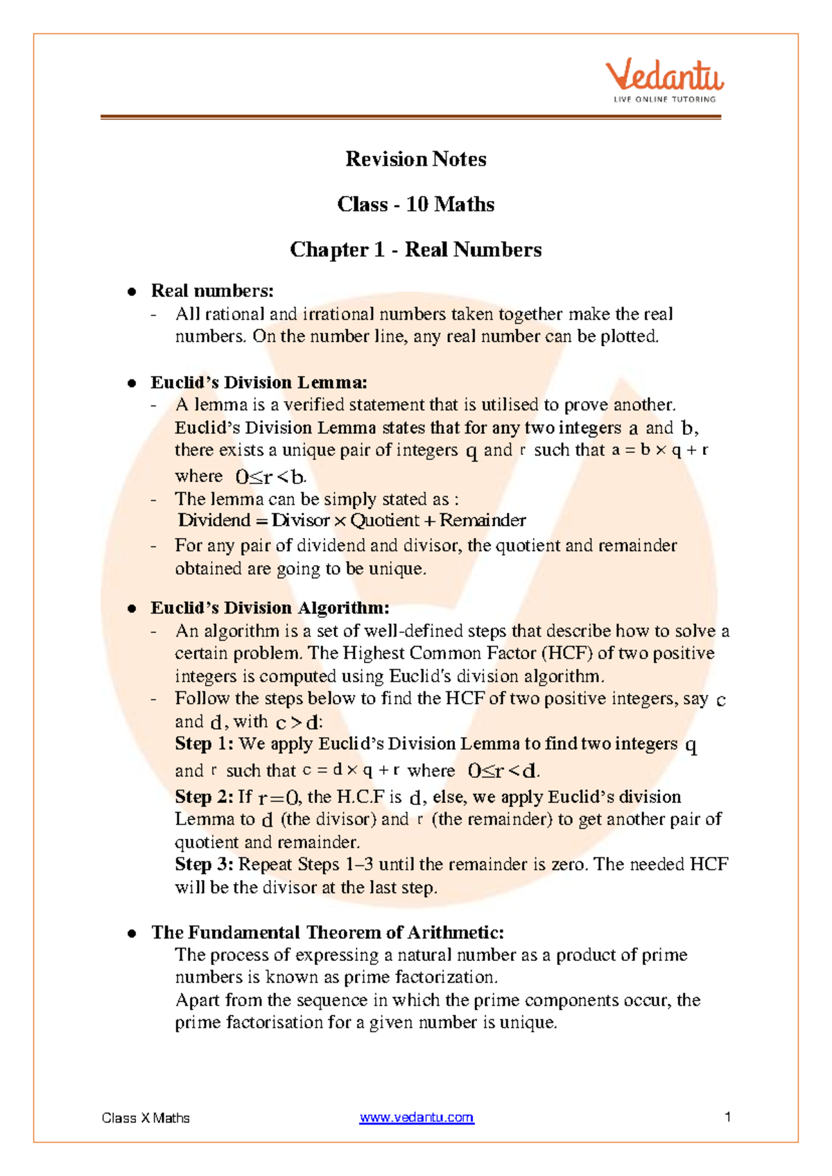 Class 10 Maths Revision Notes: Chapter 1 - Real Numbers - Studocu