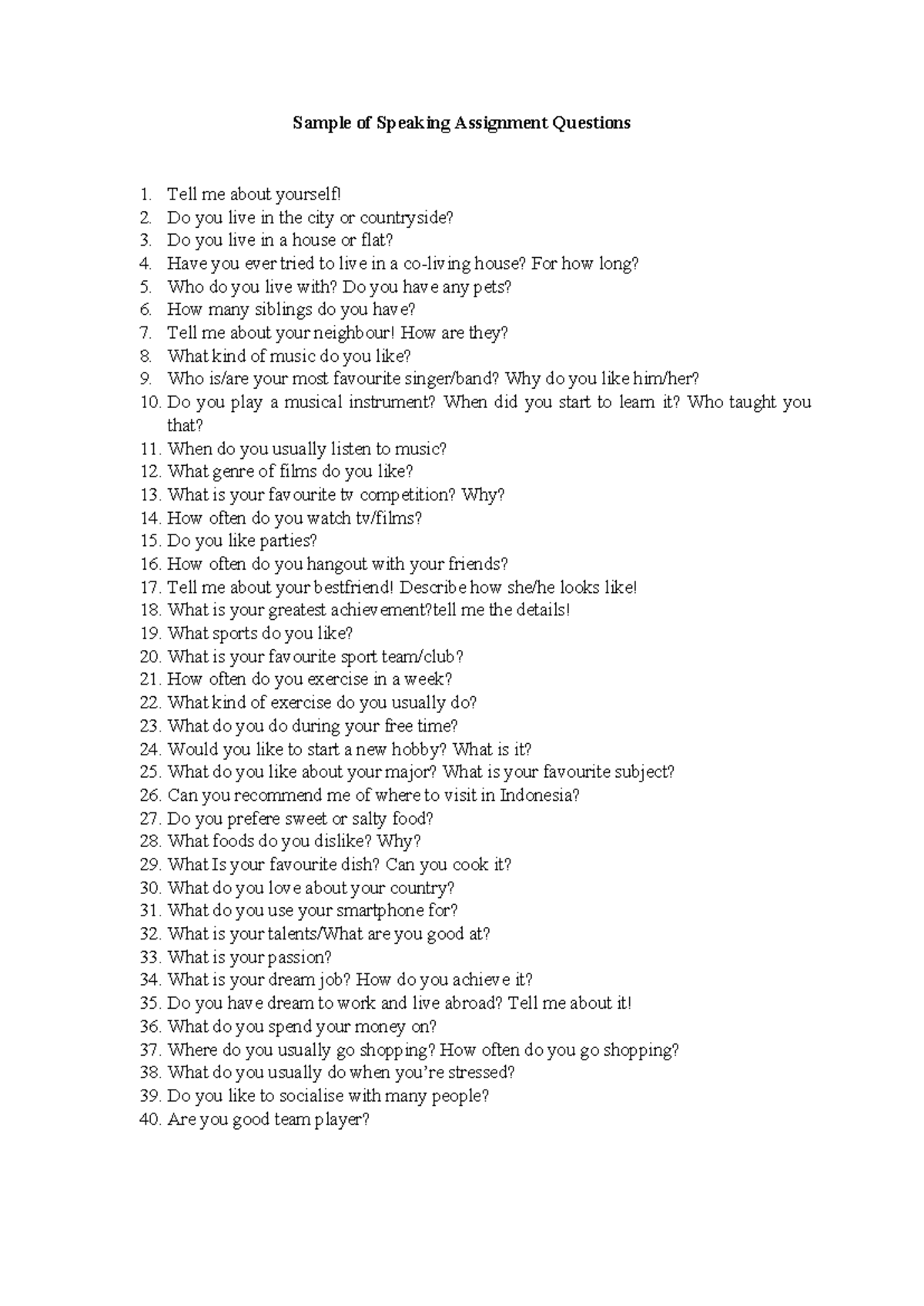 Speaking Assignment Questions - Practice Sample for Students - Studocu