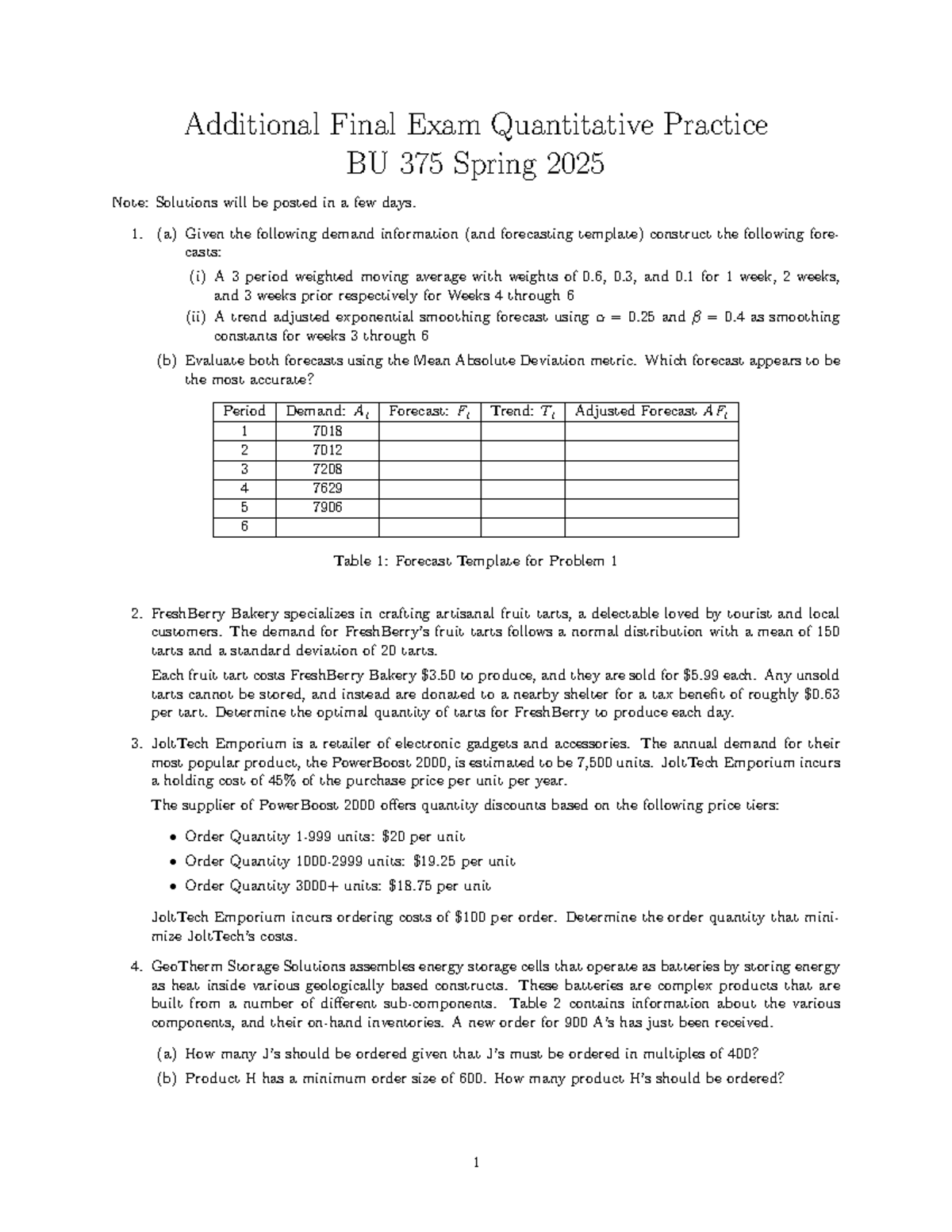Additional Quantitative Practice Problems - BU 375 Final Exam S2025 ...