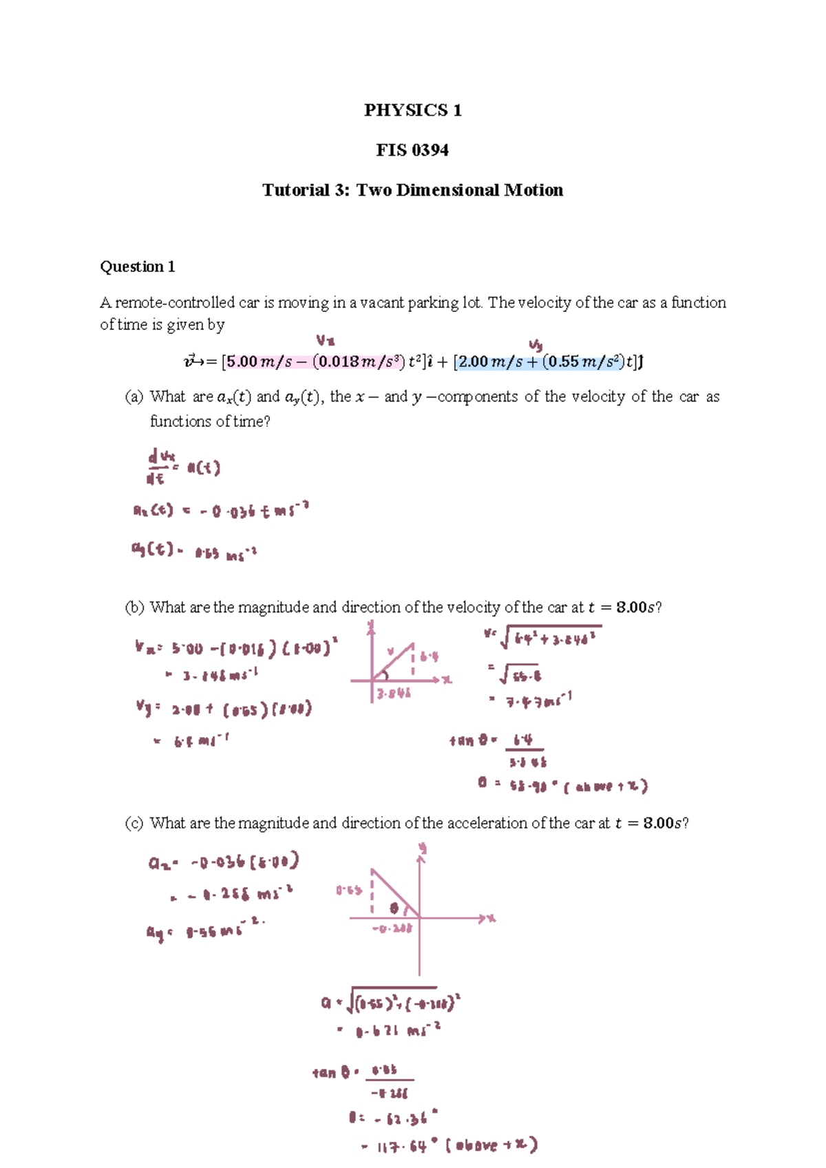 PHYSICS 1 FIS 0394 Assignment 3: Two Dimensional Motion Problems - Studocu