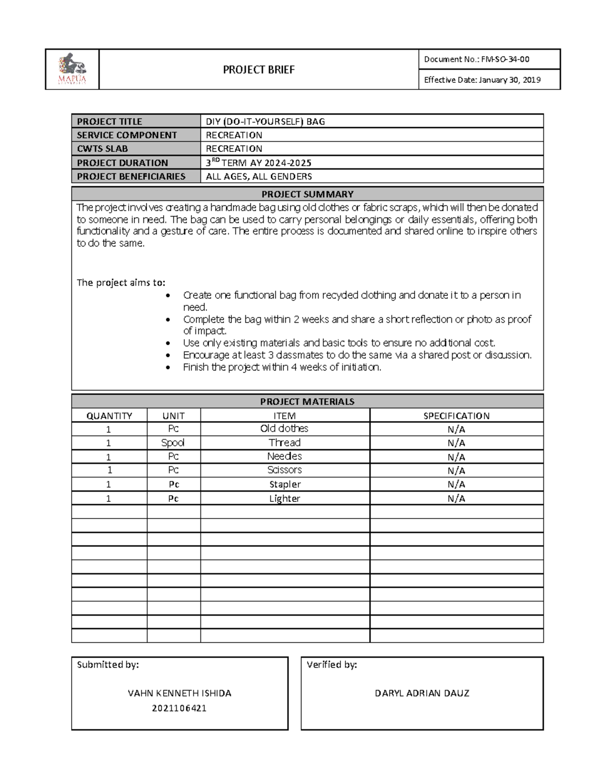 CWTS 3RD TERM Project Brief: DIY Bag Recreation Initiative - Studocu