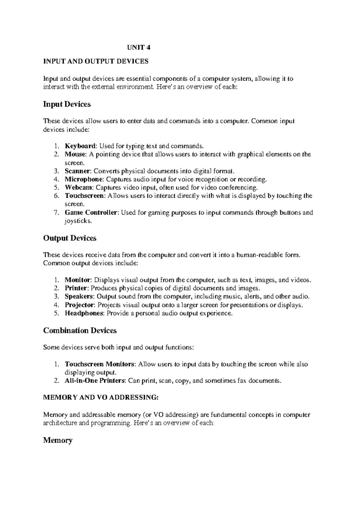 UNIT 4 - Lecture Notes on I/O Devices, Memory, and Microprocessors ...