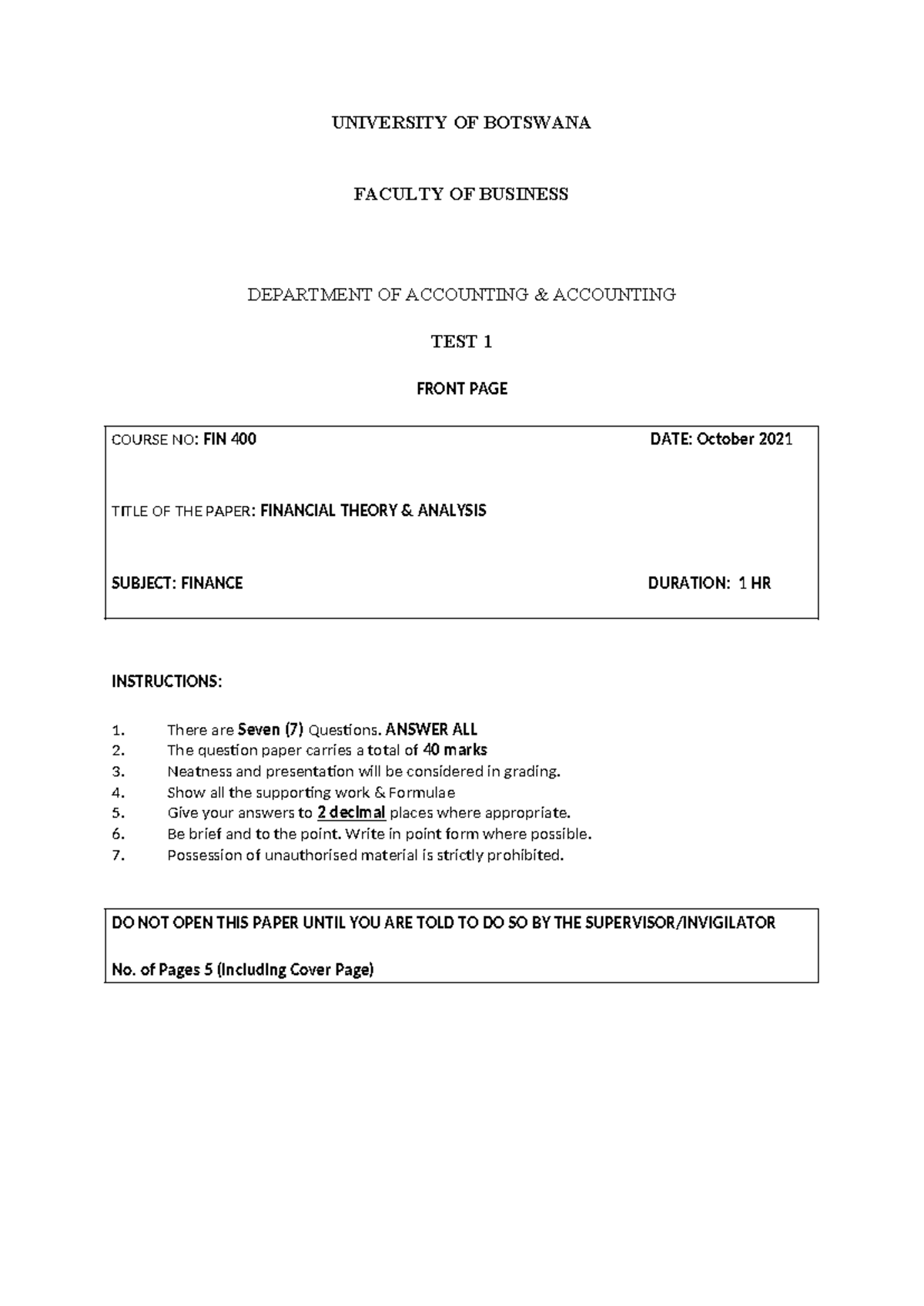 FIN 400 Test 1 Solutions: Financial Theory Analysis 2021 - Studocu