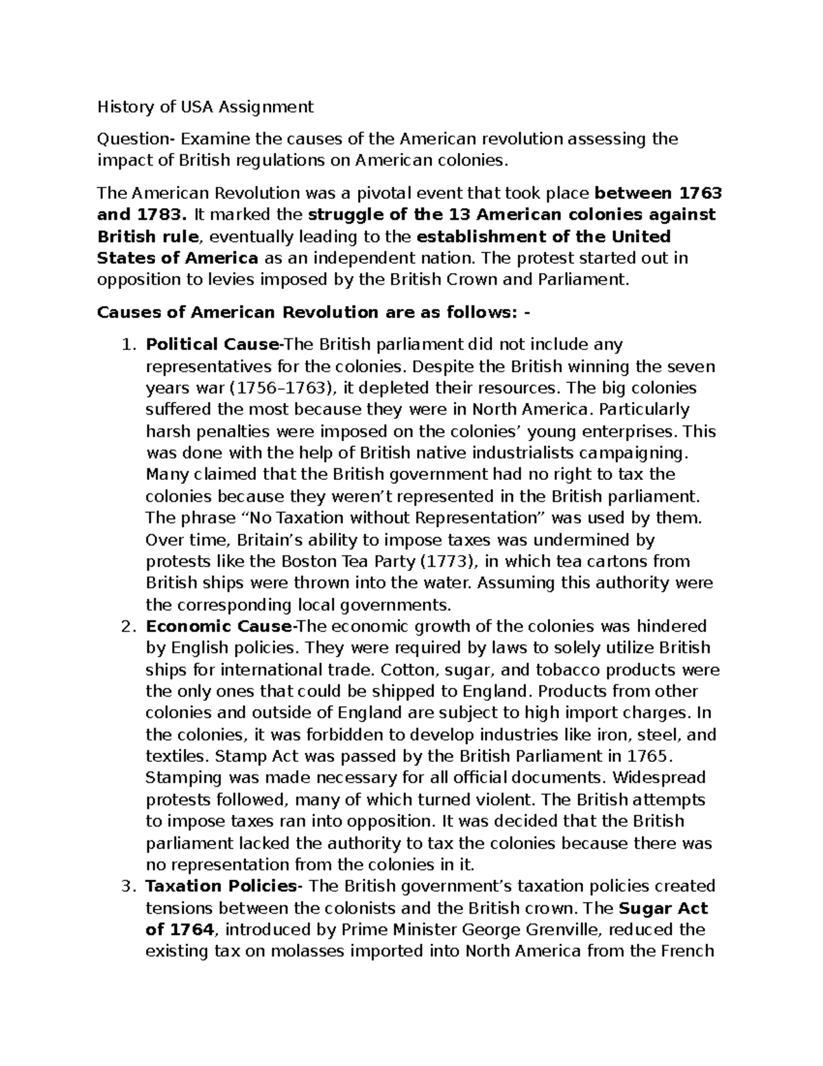 HOU Assignment - Causes & Impact of the American Revolution - Studocu
