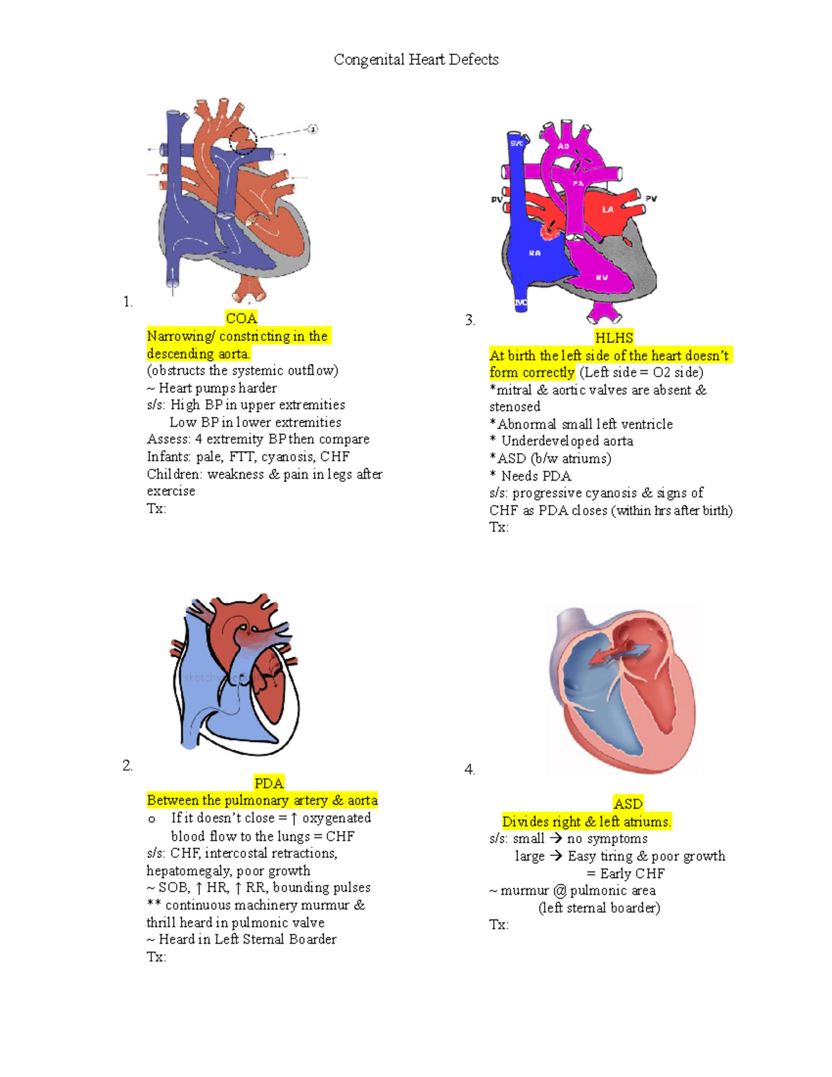 CHD Notes - Overview of Congenital Heart Defects and Treatments - Studocu
